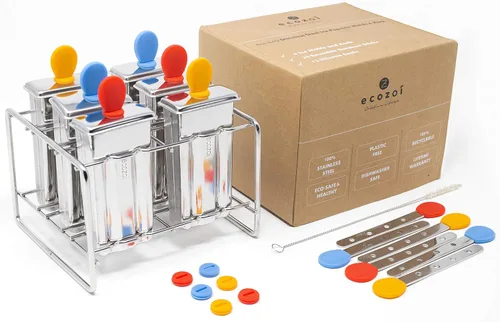 Vista 10 de Ecozoi Moldes y estante de acero inoxidable para paletas – 6 mini máquinas redondas de paletas de hielo + 30 palos de bambú reutilizables + 12