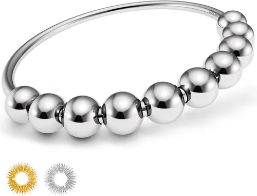 Vista 3 de Anillo giratorio de plata de ley 925 para mujeres y hombres, anillo giratorio con cuentas (5)