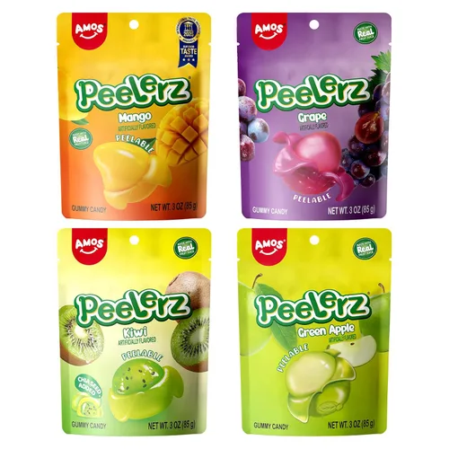 Vista 21 de AMOS Peelerz - Paquete variado de gomitas pelables, 3.00 oz cada uno (total de 11.99 oz), mango, uva, plátano, sabores de melocotón, gomitas suaves