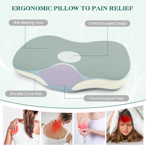 Vista 5 de Almohada cervical para soporte de cuello y hombros, almohadas ergonómicas de contorno de espuma viscoelástica con doble altura ajustable y funda