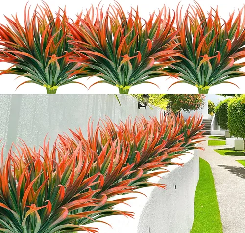 Vista 24 de 8 piezas flores artificiales de otoño para decoración al aire libre, plantas artificiales de otoño para exteriores, hierba amarilla artificial