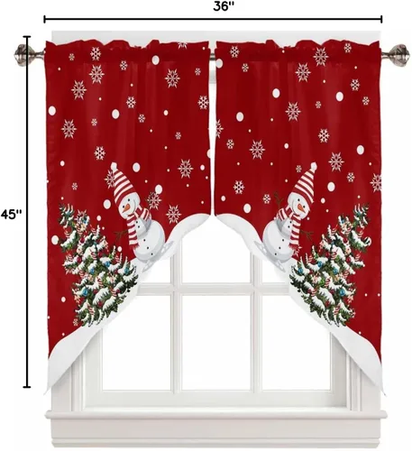 Vista 8 de BEMIGO Cortinas de cocina de Navidad, lindas cortinas de granja con muñeco de nieve azul, cenefa con bolsillo para barra de copos de nieve