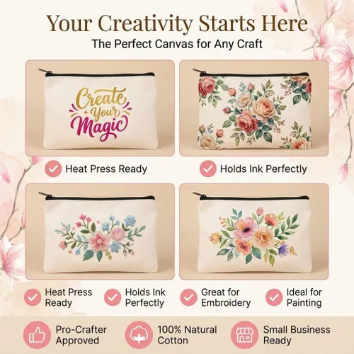 Vista 3 de Bolsa de lona en blanco con cremallera, bolsas de maquillaje a granel, bolsa multiusos de lona para lápices con cremallera resistente, bolsa