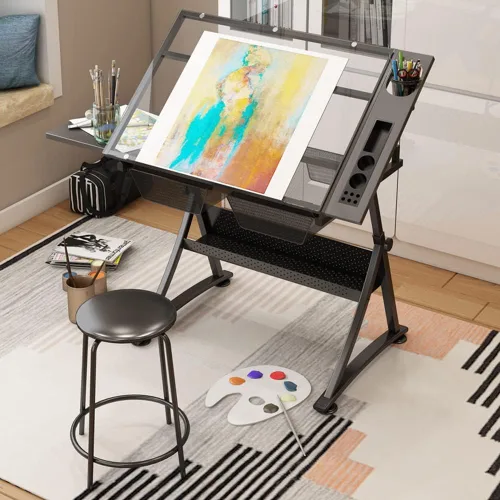 Vista 5 de Escritorio de dibujo profesional de altura ajustable, mesa de cristal, mesa de manualidades inclinable con almacenamiento, escritorio de arte