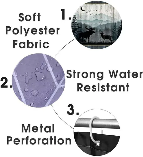 Vista 206 de Camille&Andrew - Juego de 4 cortinas de ducha de tela de ciervo rústico negro, alce, alce, pino, luna, casa de campo, panel rústico, tablero