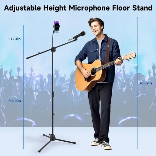 Vista 3 de Soporte de suelo para micrófono, soporte de micrófono con soporte para teléfono ajustable en altura, trípode estable con brazo de brazo de brazo