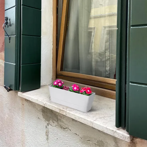 Vista 4 de GREANER Cajas de flores, paquete de 3 cajas rectangulares de ventana de 12 x 3.8 pulgadas, macetas de hierbas con bandeja, macetas de plástico