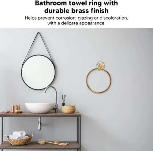 Vista 2 de Bath Towel Ring, Antique Brass Finish Wall Mounted Hand Towel Holder with Blue and White Porcelain Decal Hardware for Bathroom Kitchen