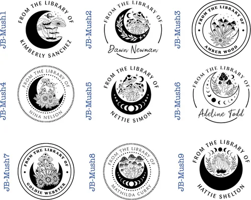 Vista 3 de Ex Libris - Sello de libro de hongos florales, sello personalizado de biblioteca con mango de madera autoentintado de goma con monograma