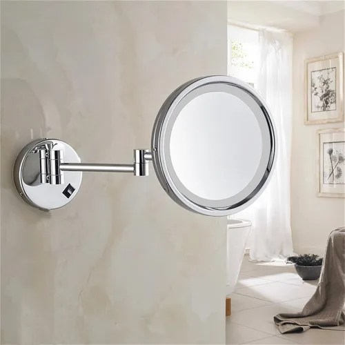 Vista 3 de GAUDIE Espejo de maquillaje con luces y aumento de 10X, espejo de tocador LED montado en la pared, espejo de afeitado giratorio extensible, latón