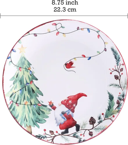 Vista 2 de Bico Juego de 4 platos de ensalada de gnomos de Navidad, platos de postre de cerámica de 8.75 pulgadas para ensalada, aperitivo, guarniciones