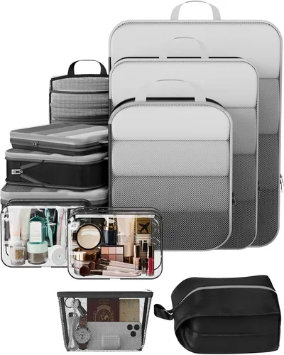 Veken Juego de 11 cubos de compresión para artículos esenciales de viaje, bolsas organizadoras compresibles expandibles grandes para ropa, bolsas de