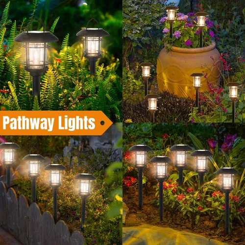 Vista 4 de Dynaming Paquete de 6 luces solares de doble uso para caminos al aire libre, faroles colgantes solares de jardín con bombilla Edison, iluminación