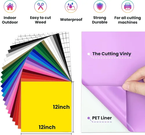Vista 2 de Hojas de vinilo permanentes, paquete de 21 hojas de vinilo adhesivas de colores surtidos + 3 cintas de transferencia, 12 x 12 pulgadas, impermeables