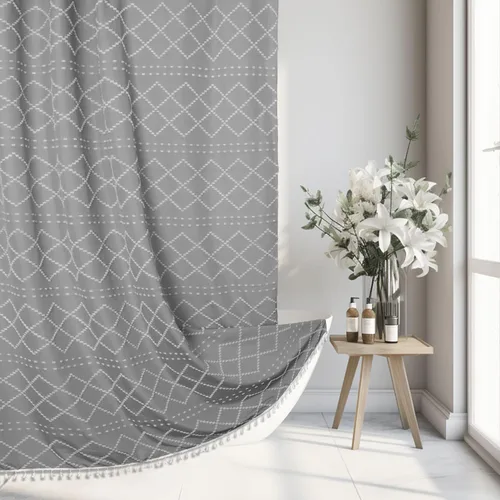 Vista 13 de Siiluminisoy - Cortina de ducha pequeña estilo boho para cubículo, de tela tejida con borla blanca, 36 x 72 pulgadas, tamaño medio, con diseño