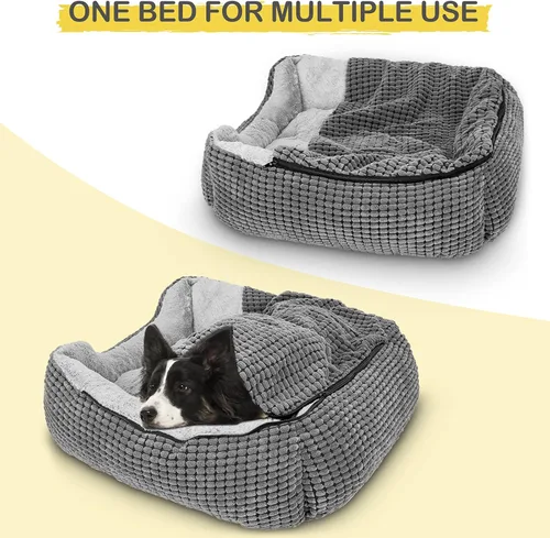 Vista 6 de GASUR Camas para perros pequeños con cueva de cubierta, camas para gatos de interior, cama rectangular con capucha para cachorros con manta