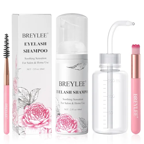 BREYLEE Champú para extensiones de pestañas, 2.0 fl oz+botella de enjuague + cepillos, limpiador de extensiones de pestañas, baño de lavado de