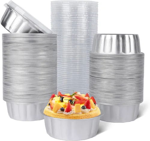 Vista 17 de Beasea Tazas de Ramekin de Aluminio con Tapa, 50 Unidades 6.1oz 180ml Mini Ramekins Desechables de Aluminio para Horno, Tazas Redondas para Cupcakes