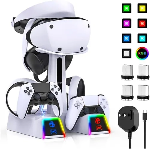 Estación de carga RGB para PSVR 2/PS5 Edge/controlador PS5 con adaptador de CA, soporte PSVR2 con accesorios PS VR2 para auriculares PS5VR2 y