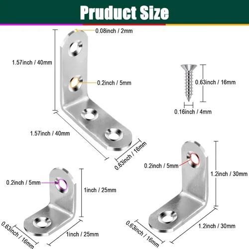 Vista 2 de Soportes de esquina de acero inoxidable de 3 tamaños, soporte en L, 90 grados, soporte de ángulo recto para muebles con tornillos, 12