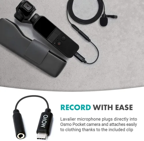 Vista 3 de Movo Micrófono Lavalier para DJI Osmo Pocket/Pocket 2 - Micrófono de cámara portátil Lavalier y adaptador - Funciona con Osmo Gimbal para cámara
