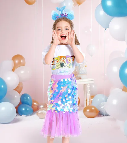 Vista 8 de Disfraz de sirena de cumpleaños para niña, ropa de princesa para niñas pequeñas, 4 piezas, disfraz de cumpleaños de sirena, regalo para niñas