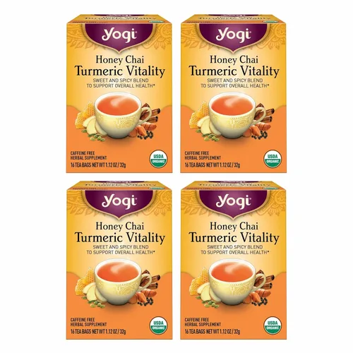 Yogi Tea Honey Chai Turmeric Vitality Tea – 16 bolsas de té por paquete (4 paquetes) – Té orgánico para apoyar la salud general – Incluye corteza de