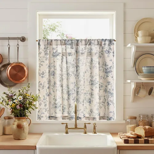 Vista 46 de JINCHAN Cortinas florales de cocina de 24 pulgadas, cortinas de lino de varios niveles, cortinas de granja de estilo cafetería, cortinas para media