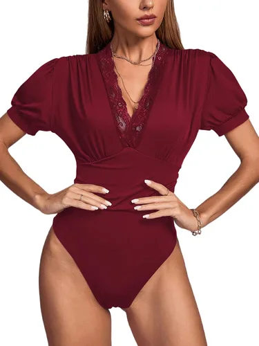 Vista 6 de LYANER Body de manga corta abombada con cuello en V y ribete de encaje para mujer