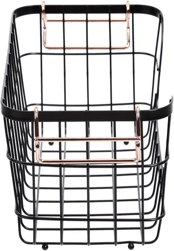 Vista 4 de Amazon Basics Juego de cestas de almacenamiento rectangulares apilables de alambre de metal para cocina o baño, 2 unidades, color negro