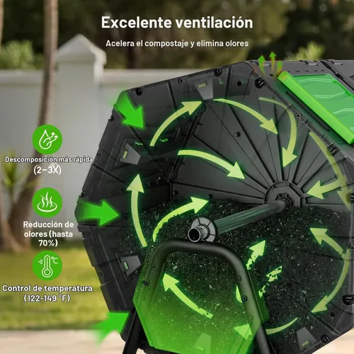 Vista 9 de Vaso de compost, fácil de montar y eficiente, contenedor de compost para exteriores, 45 galones/170 litros, compostador giratorio de doble cámara