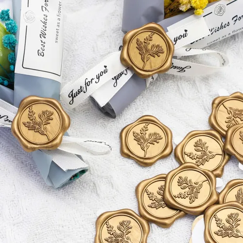 Vista 5 de SWANGSA 50 calcomanías de sello de cera de hojas de eucalipto, calcomanías de sellado de sobres de invitación de fiesta de boda de oro antiguo