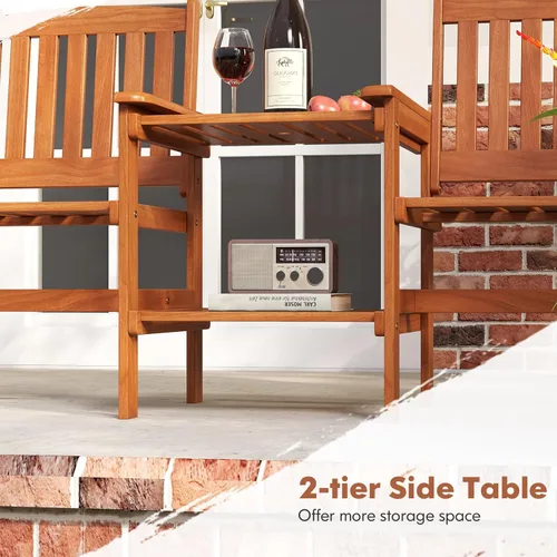 Vista 7 de RELAX4LIFE Sofá de dos plazas para exteriores con mesa integrada, sillas de patio de madera con mesa central y agujero para paraguas, banco