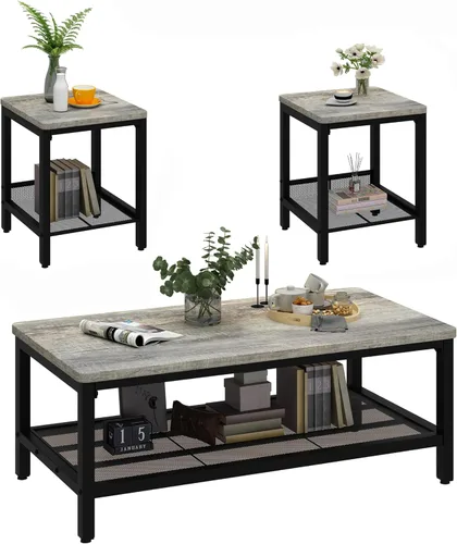 Vista 8 de Conjunto de 3 mesas de café AWQM, mesa de café industrial con 2 mesas auxiliares cuadradas, conjunto de mesas modernas para sala de estar