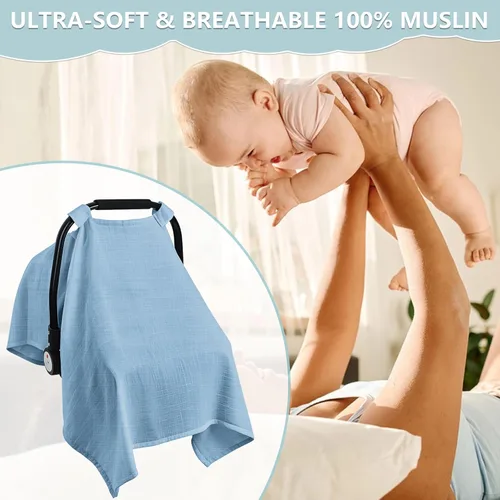 Vista 5 de Funda de asiento de automóvil para bebé, funda de asiento de automóvil 100% de muselina, fundas universales para asiento de automóvil, funda de Azul