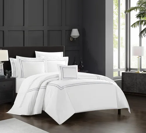 Vista 2 de Chic Home Milos - Juego de edredón de algodón de 4 piezas, color blanco sólido con borde bordado de doble raya bordada, colección de hotel, incluye