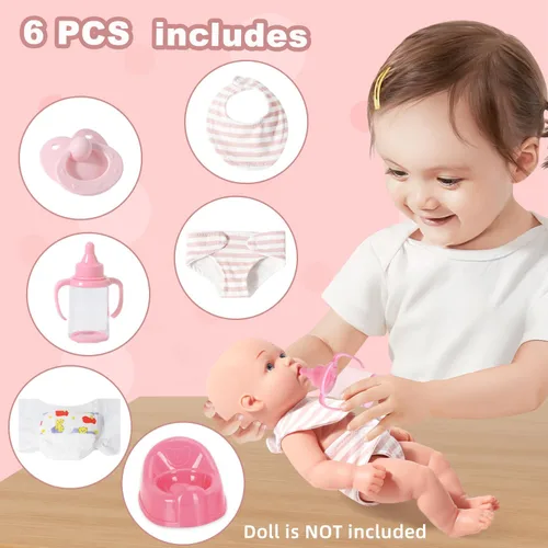 Vista 5 de Juego de accesorios realistas para muñecas de bebé, juguetes para muñecas de 12 pulgadas, incluye orinal de muñeca, babero, chupete, pañal