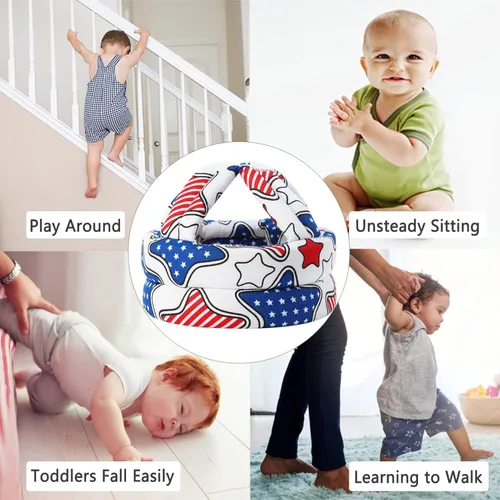 Vista 4 de Casco de seguridad para bebé, gorra protectora ajustable de algodón, protector de cabeza para niños, casco para caminar para gatear al bebé (blanco)