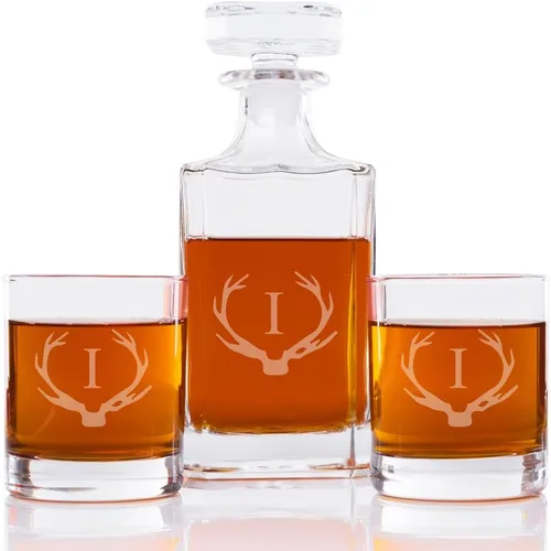 Vista 12 de Abby Smith Juego de decantador de whisky y rocas con inicial de cuerno, letra A