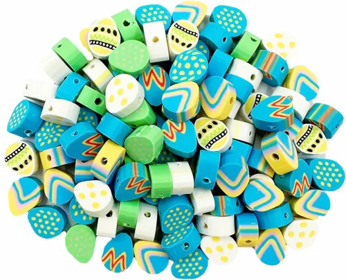 Vista 19 de 100 piezas de cuentas de shamrock de San Patricio hechas a mano de arcilla polimérica, cuentas espaciadoras de arcilla polimérica con estampados