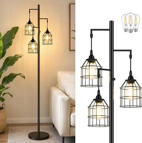 Sucolite Lámpara de Pie Regulable de 70" para Sala de Estar, Lámpara de Pie Industrial de Árbol de 3 Luces Negra con Jaulas, Lámpara de Pie Alta