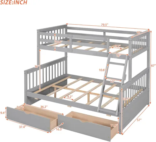 Vista 72 de Harper & Bright Designs Litera de tamaño matrimonial sobre matrimonial con 3 cajones, litera de madera maciza con almacenamiento y riel de Gris