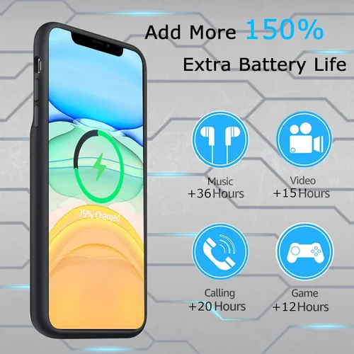 Vista 2 de Funda de batería para iPhone 11, batería recargable portátil extendida de 10000 mAh, compatible con iPhone 11 (6.1 pulgadas), funda de carga