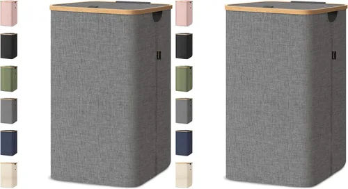 Vista 31 de BALEINE Cesta de lavandería con tapa, cestas altas para la ropa sucia con asas de bambú, contenedor grande para la ropa sucia con soporte interno