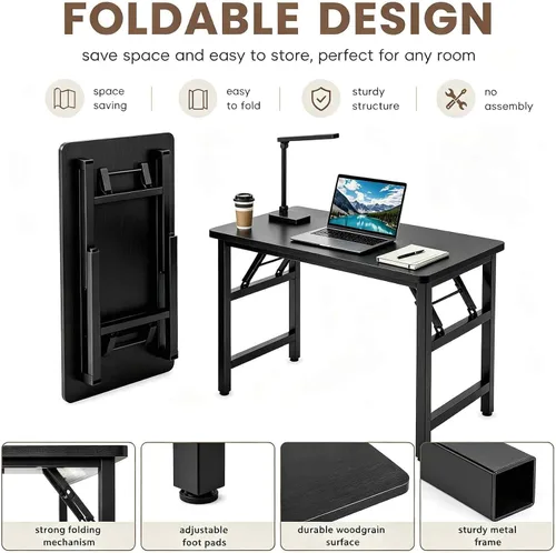 Vista 6 de Escritorios plegables de 31.5 pulgadas para espacios pequeños, escritorio plegable sin montaje, mesa pequeña para dormitorio, color negro. Marco
