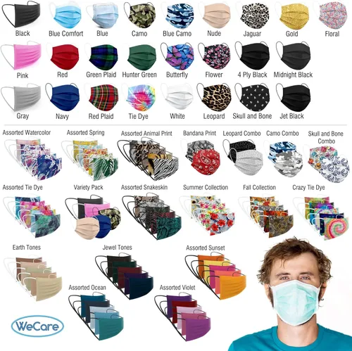 Vista 2 de WeCare - Mascarilla desechable con envoltura individual, juego de 50 mascarillas de colores y estampadas