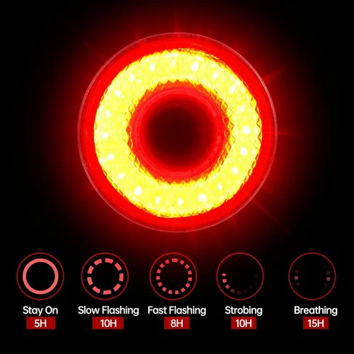 Vista 3 de Luz trasera inteligente para bicicleta, detección de frenos, encendido/apagado automático, luz trasera súper brillante de 22 LED, 5 modos