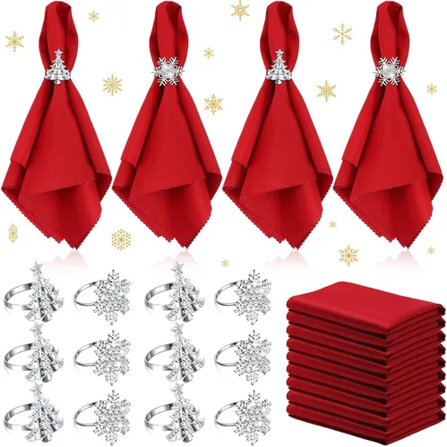Vista 12 de Sliner Juego de 24 servilletas y anillos de Navidad, 12 servilletas de Navidad lavables de color rojo y 12 servilleteros de Navidad para cenas