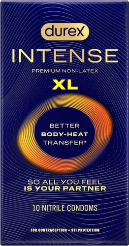 Durex Intense XL - Preservativos sin látex, condones ultrafinos lubricados con lubricante de silicona, sin látex, nitrilo premium, 10 unidades