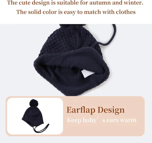 Vista 4 de Sombrero de invierno para bebé niña con forro de lana para niños pequeños, gorro de punto con orejeras con pompón, de 0 a 8 años 3 unidades-A.